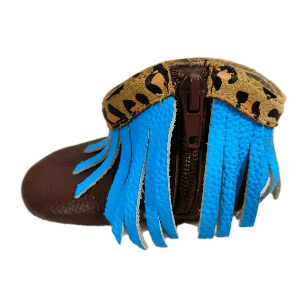 Little Toe Co. Girls 6-12m‎ Leopard Print Blue Fringe Brown Infant Shoes Boots